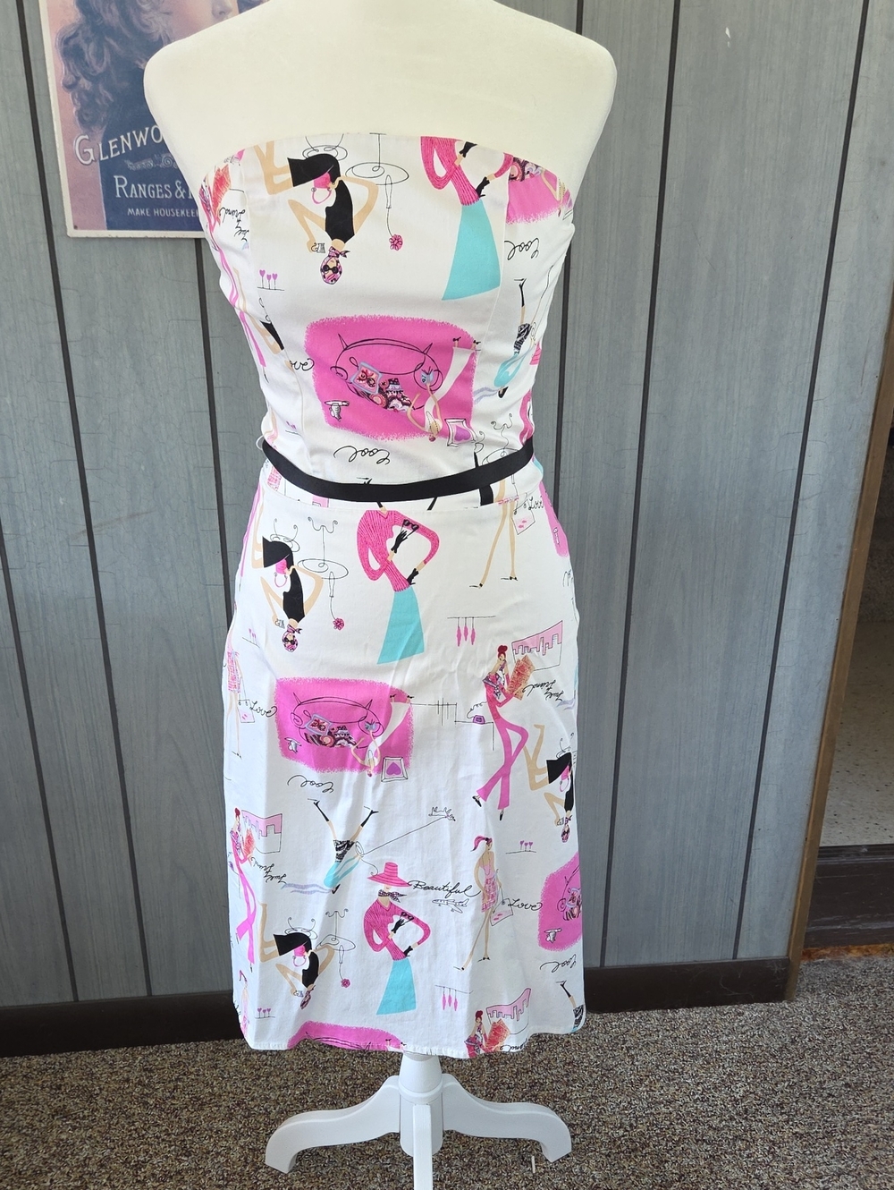 Studio Y Strapless White Dress with Pink & Aqua Fashion Print